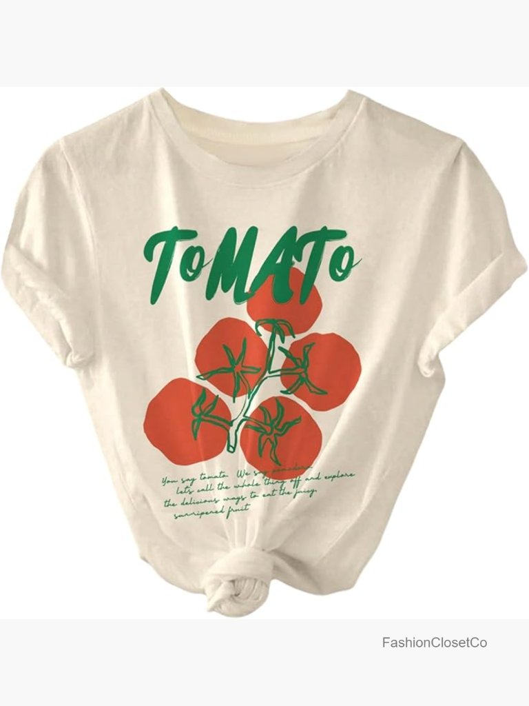 Tomato Graphic Letter Print Crew Neck Short Sleeve T-Shirt Summer Casual Tee
